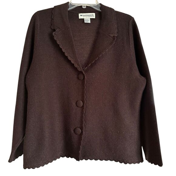 Appleseeds Wool Cardigan Chocolate Brown Scalloped Button Up Sz L Cottagecore - Picture 1 of 7